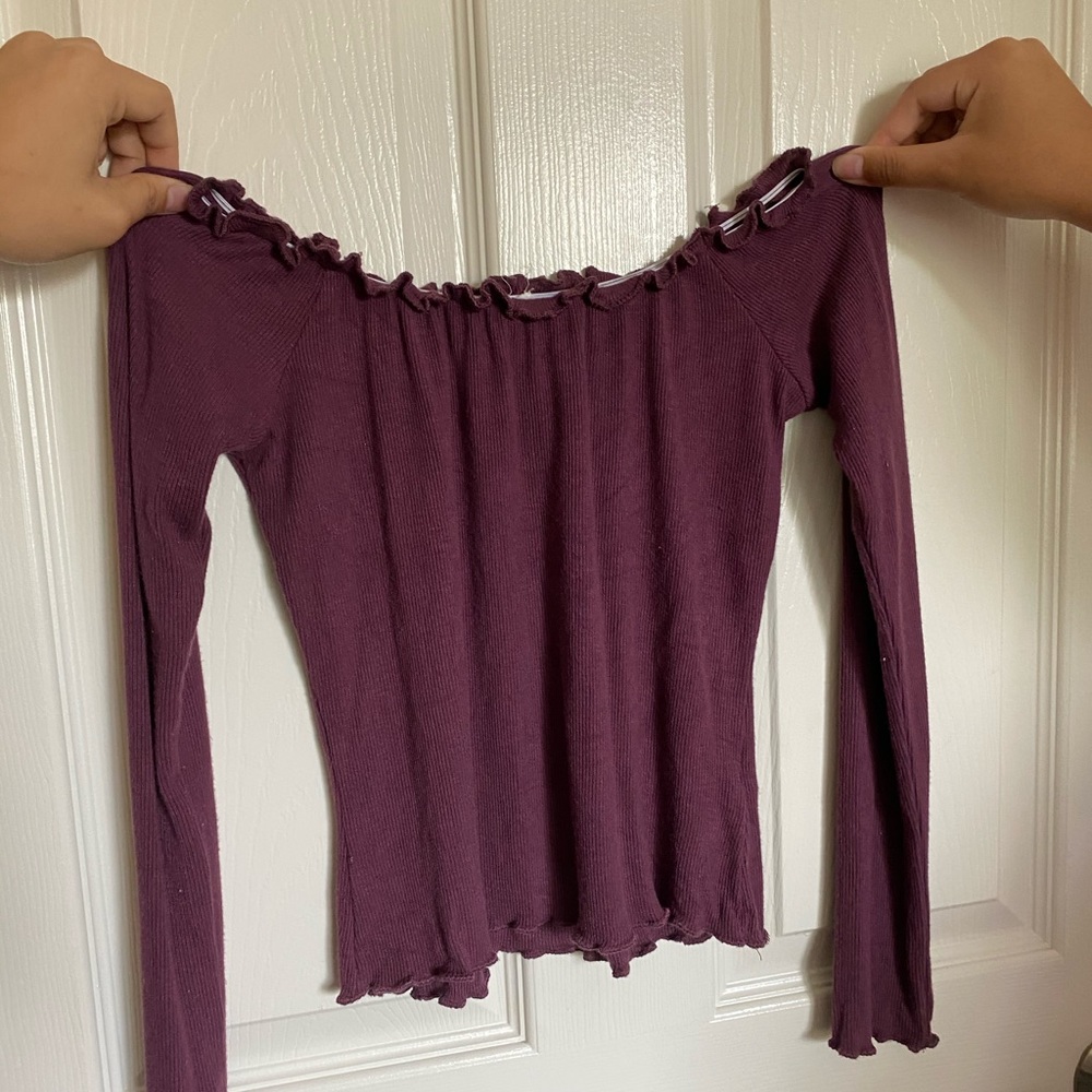 garage off the shoulder maroon top